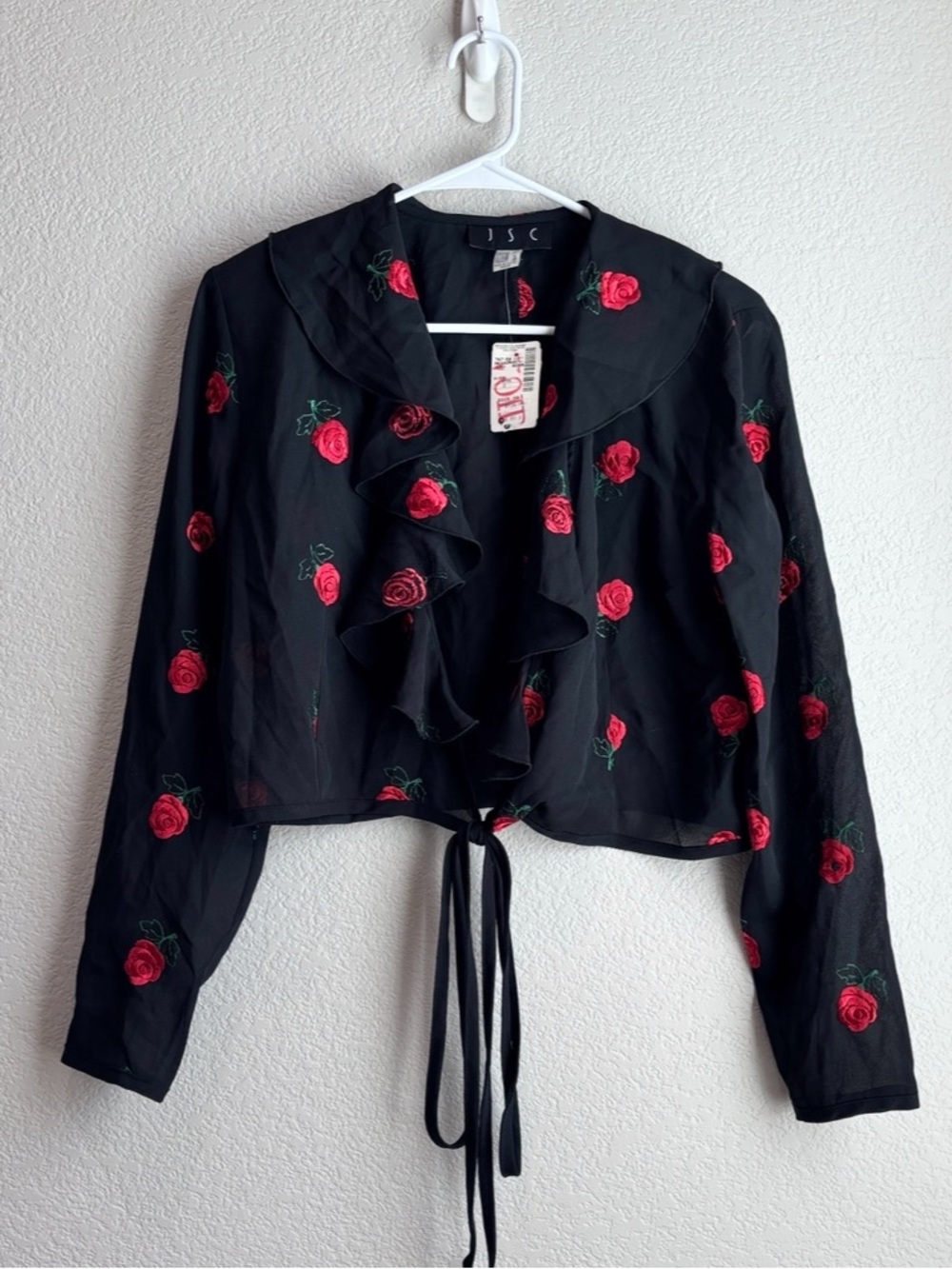 NWT Saks Fifth Avenue Embroidered Rose Ruffle Front Tie Cardigan 8 Medium